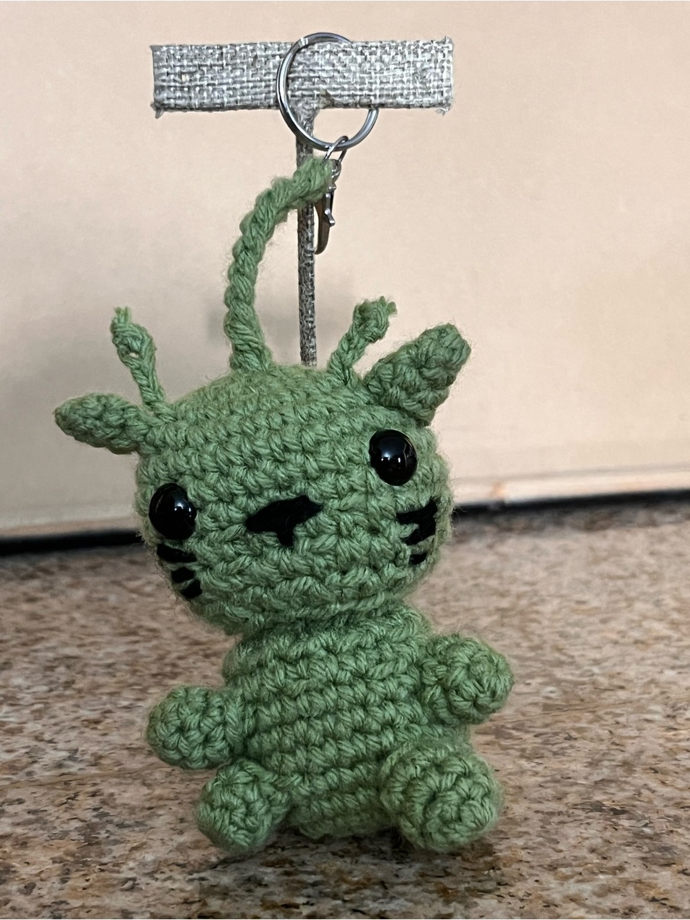 Handmade Crochet Green alien cat Keychain